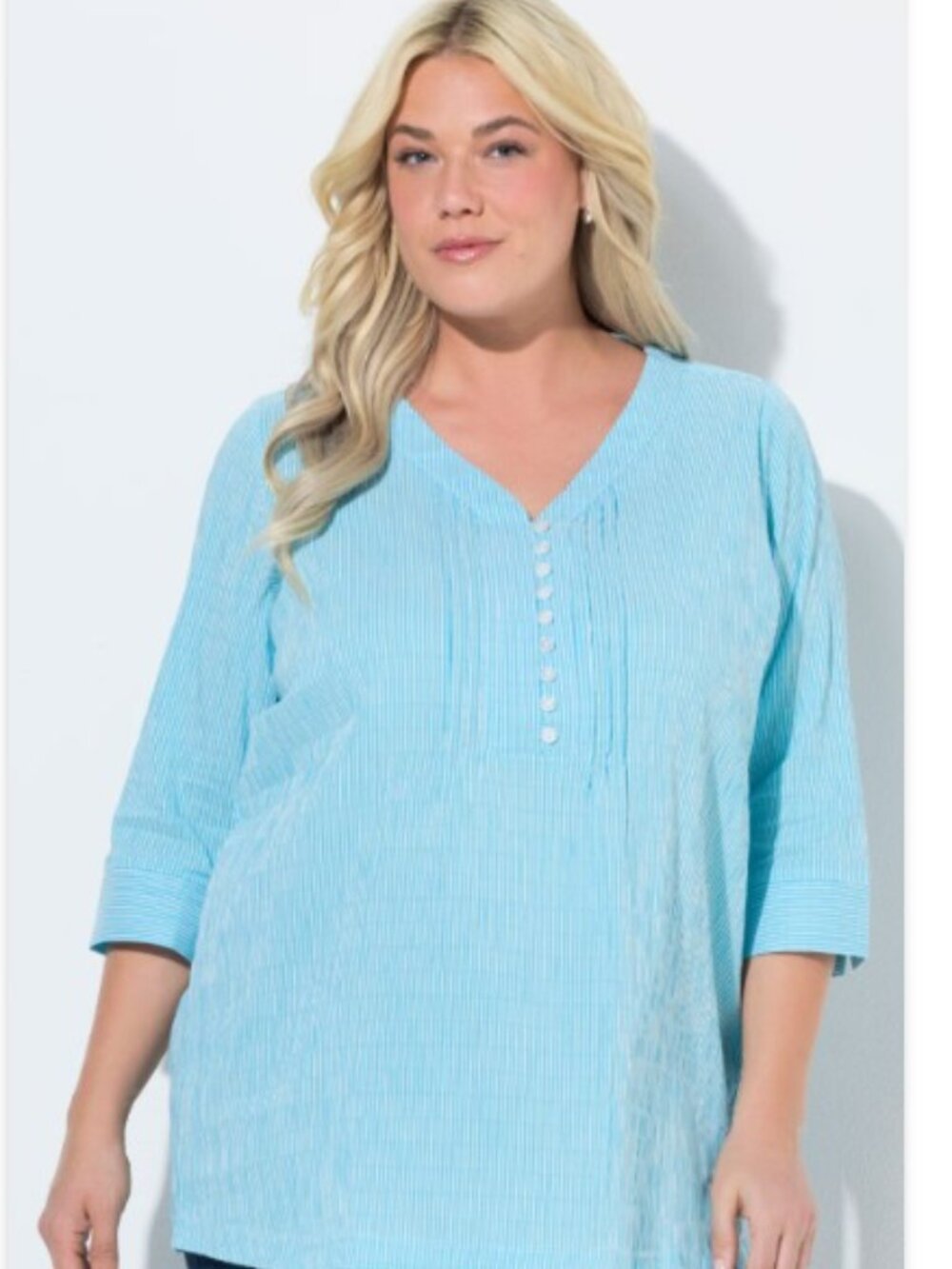 NWT ULLA POPKIN Deep Aqua 3/4 Sleeve Pintuck V Neck Top Plus 20/22 2X